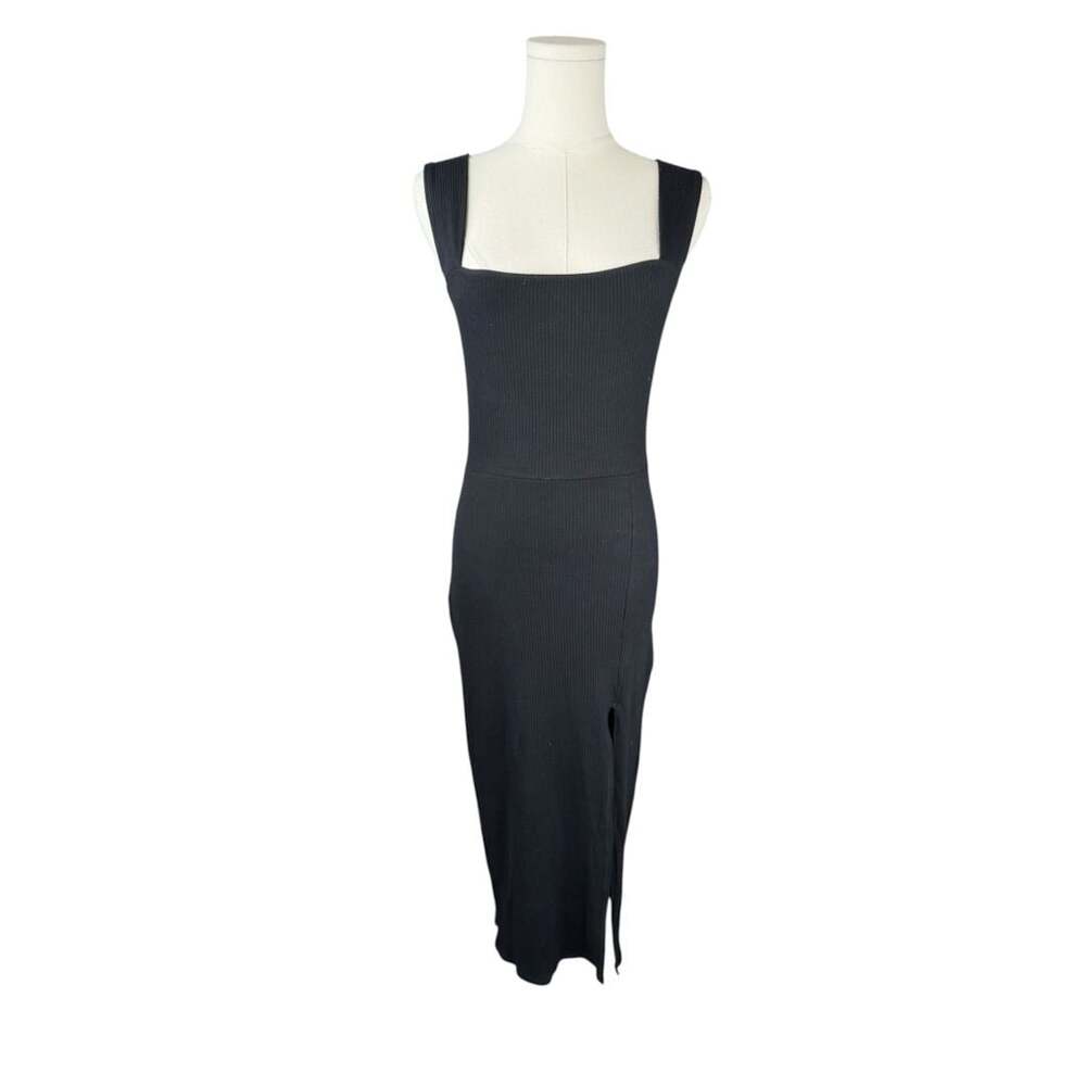 Reformation Black Ribbed Knit Square Neck Midi Dress with Side Slit Sz. M